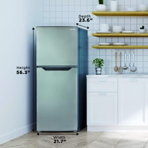 Danby apartment size fridge with dimensions shown in kitchen
