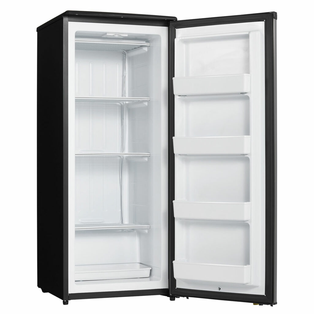 Danby Designer Danby DUFM085A4BSLDD-6 8.5 Cu.Ft. Garage Ready Upright Freezer with 5 Shelves, Mechanical Thermostat and Manual Defrost, Energy Star Rated on Fridge.com